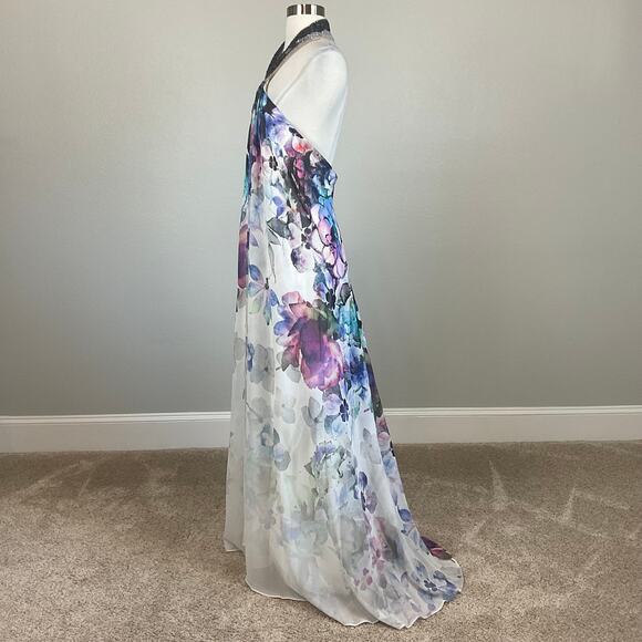 Badgley Mischka Backless Floral Print Beaded Halter Evening Gown White Size 10 - Picture 6 of 15
